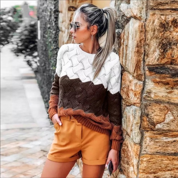 BOUTIQUE Sweaters - Soft, Comfy White Pumpkin Spice Brown Color Block